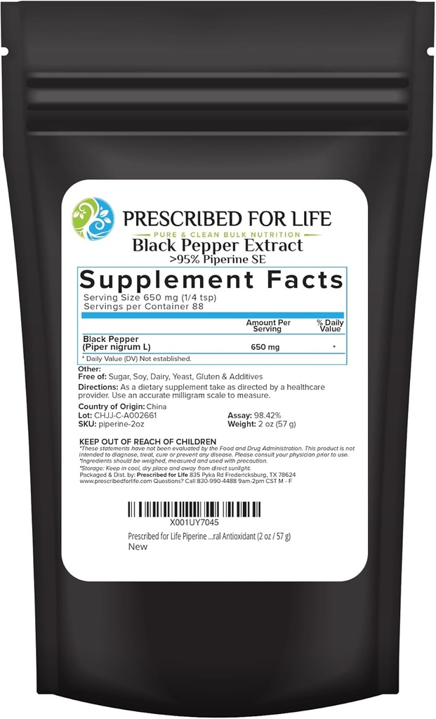 For Life Piperine אבקה, 95% אבקת Black Pepper, Boostss Foodsent Absorption, Gluten Free, Vegan, Non GMO, Natural Antioxidant (2oz / 56g)