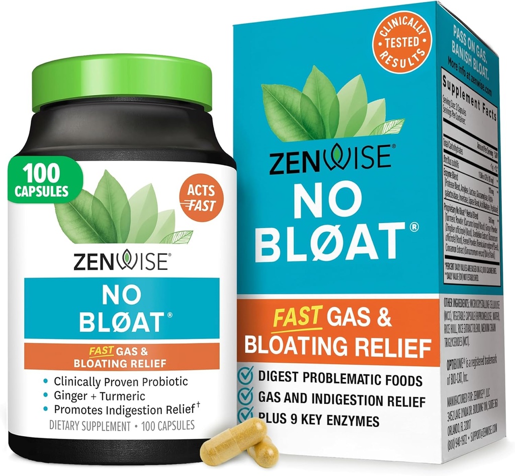 Zenwise Health No Bloat Digestive Enzymes for Gut Health, Gas & Bloating Relief - Multi Enzymes Digestion תוספת עם פרוביוטיקה, ג'ינג'ר, Turmeric Dandelion & Lactase - Men & Women - 100 Count