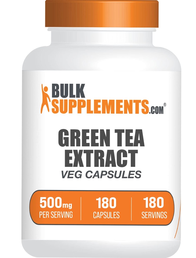 BulkSupplements.com Green Tea Extractions - Green Tea Supplement, Green Tea Extracts 500 מ"ג, Green Tea Pills - טבעוני & Gluten Free, 1 קפסולה לשרת, 180 Veg כמוסות (Pack של 1)