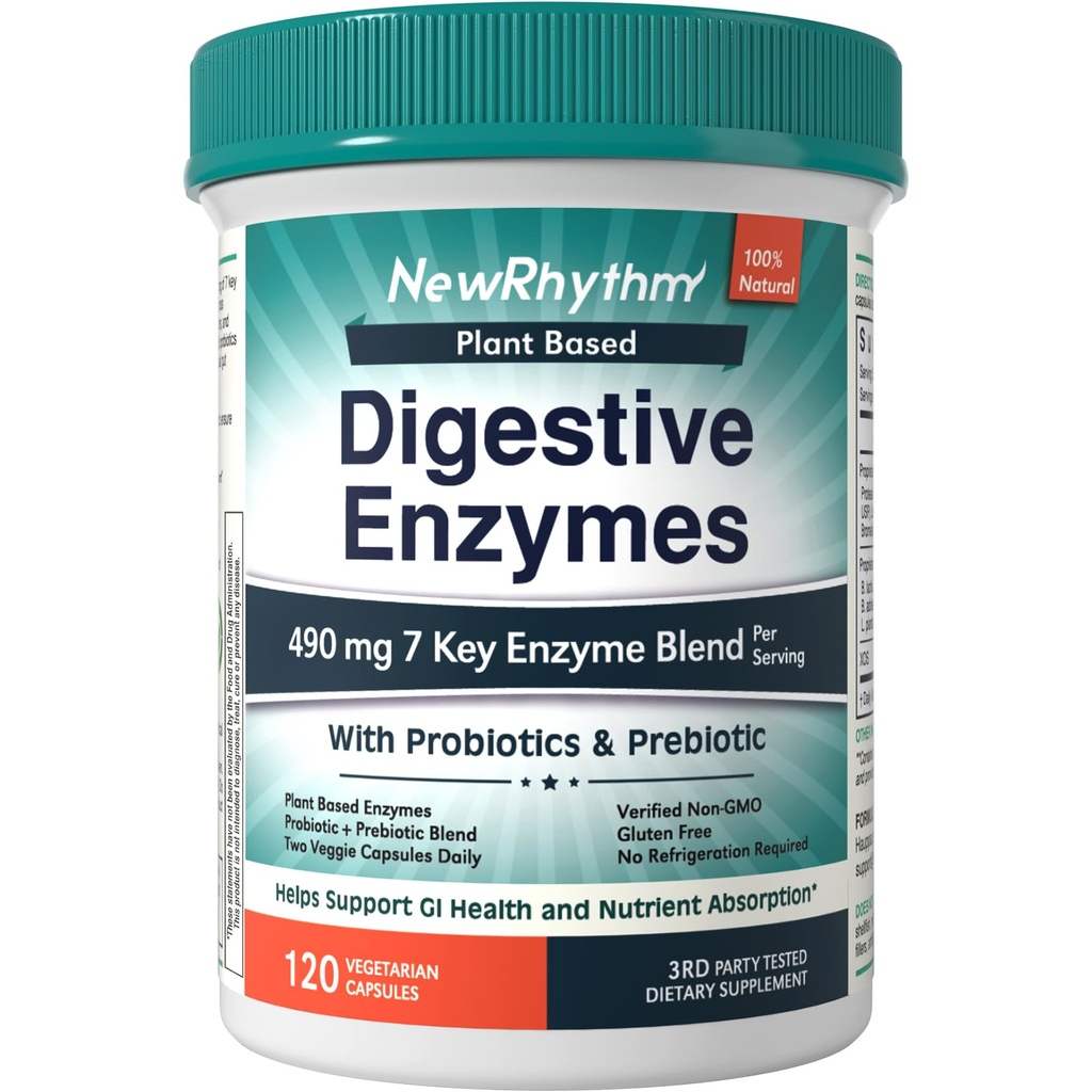 NewRhythm Digestive Enzymes 490 מ"ג, עם Probiotics & Prebiotic, Plant Based, 7 Key Enzymes, Digestion, Acent Absorption, Protease Amylase & Lipase, 120 קפסולות טבעוניות