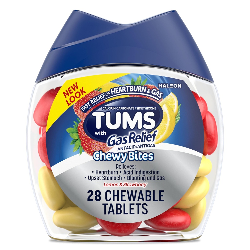 TUMS Chewy Bites Chewable Antacid Tablets עם סיוע גז, לימון ו Strawberry - 28 הרוזן