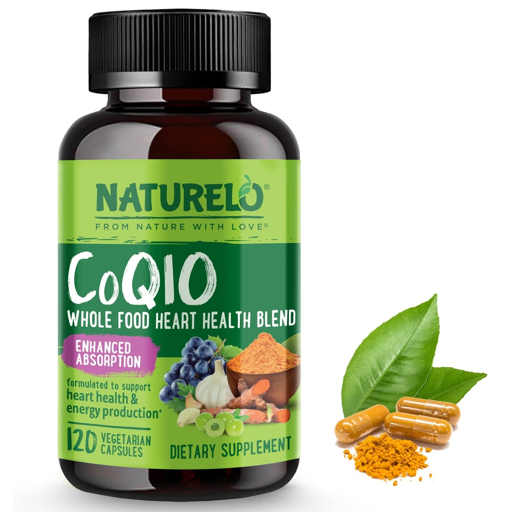 NATURELO Whole Food CoQ10 Supplement, 120 Veg Capsules, Heart Health Blend, Powerful Antioxidant, CoQ10 100mg Supports Energy Production
