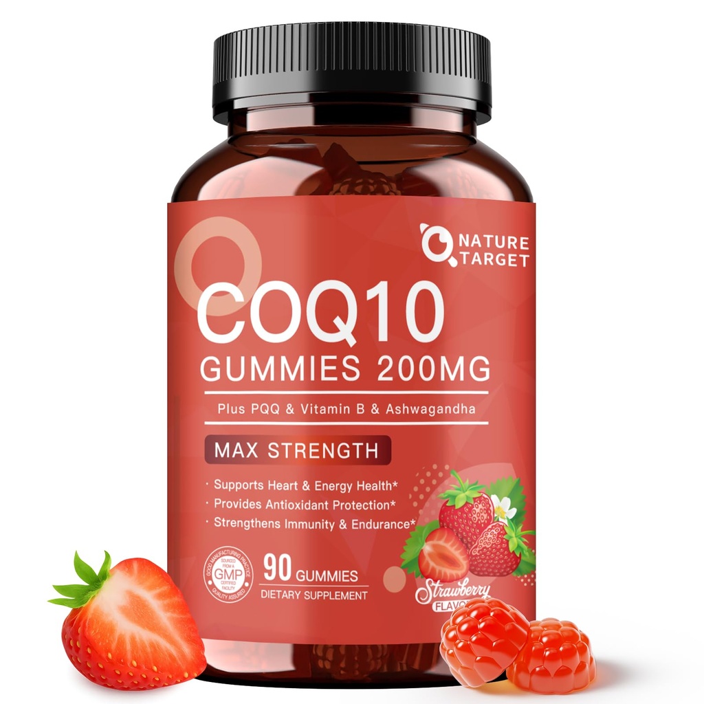 NATURE TARGET CoQ10 Gummies 200 מ"ג - High Absorption Coenzyme Q10 תוספי לב, אנרגיה ואנטי-חמצן עם PQQQ, Zinc & Ashwagandha, Strawberry Flavor, 90 הרוזן ספירה