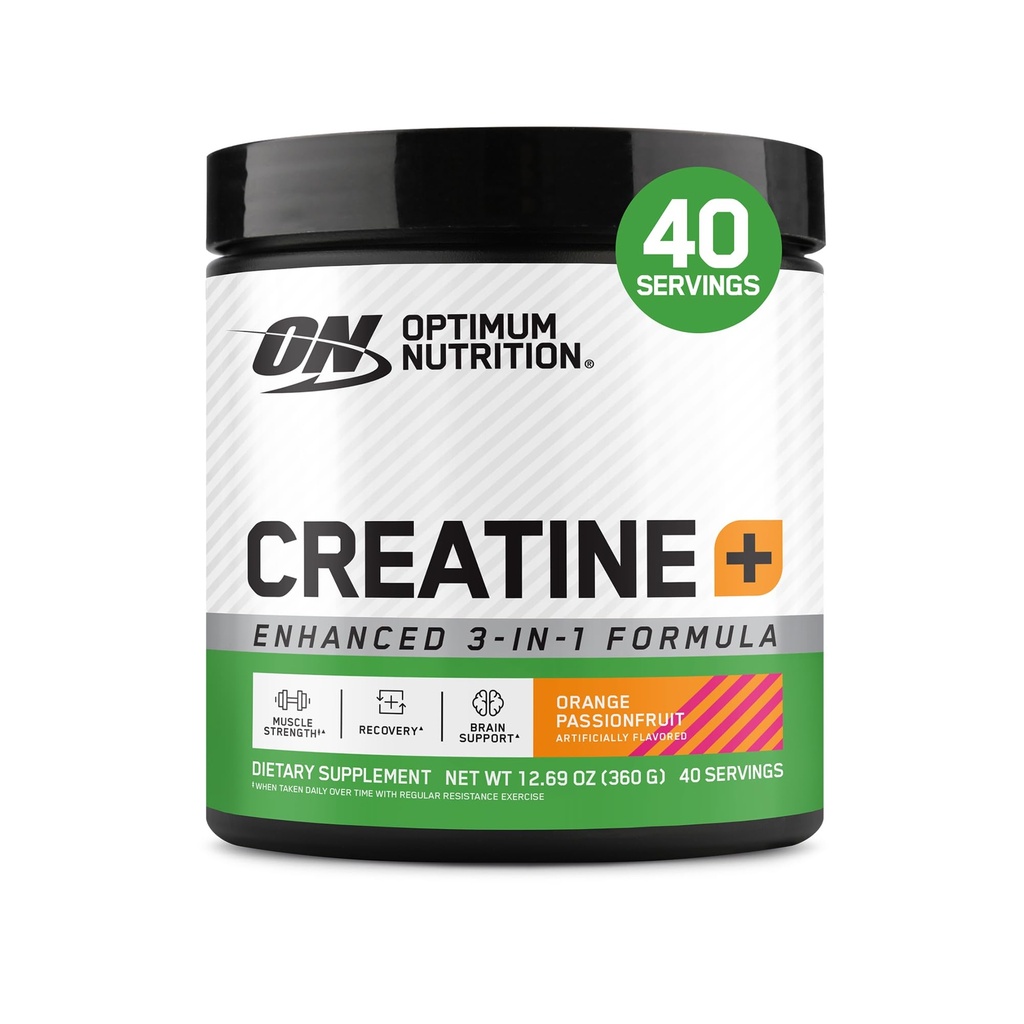 Optimum Nutrition Creatine Monohydrate Plus אבקה, כתום Passionfruit Flavored Creatine Performance Band with Electrolytes עבור הידרה, ויטמינים נוספים, 40 משרתים, 360 גרמות (Packaging May Vary)