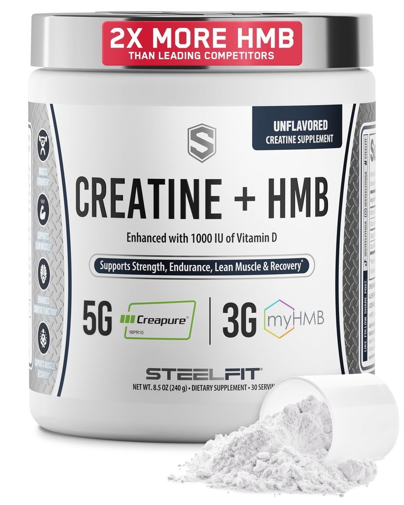 פלדהFit Creatine HMB אבקת 5g Creapure Creatine Monohydrate אבקה, 3g MyHMB & 1000 IU ויטמין D - Workout תוספי תמיכה צמיחה שרירים, כוח, התאוששות ואנרגיה - Unflavored, 30 משרתים