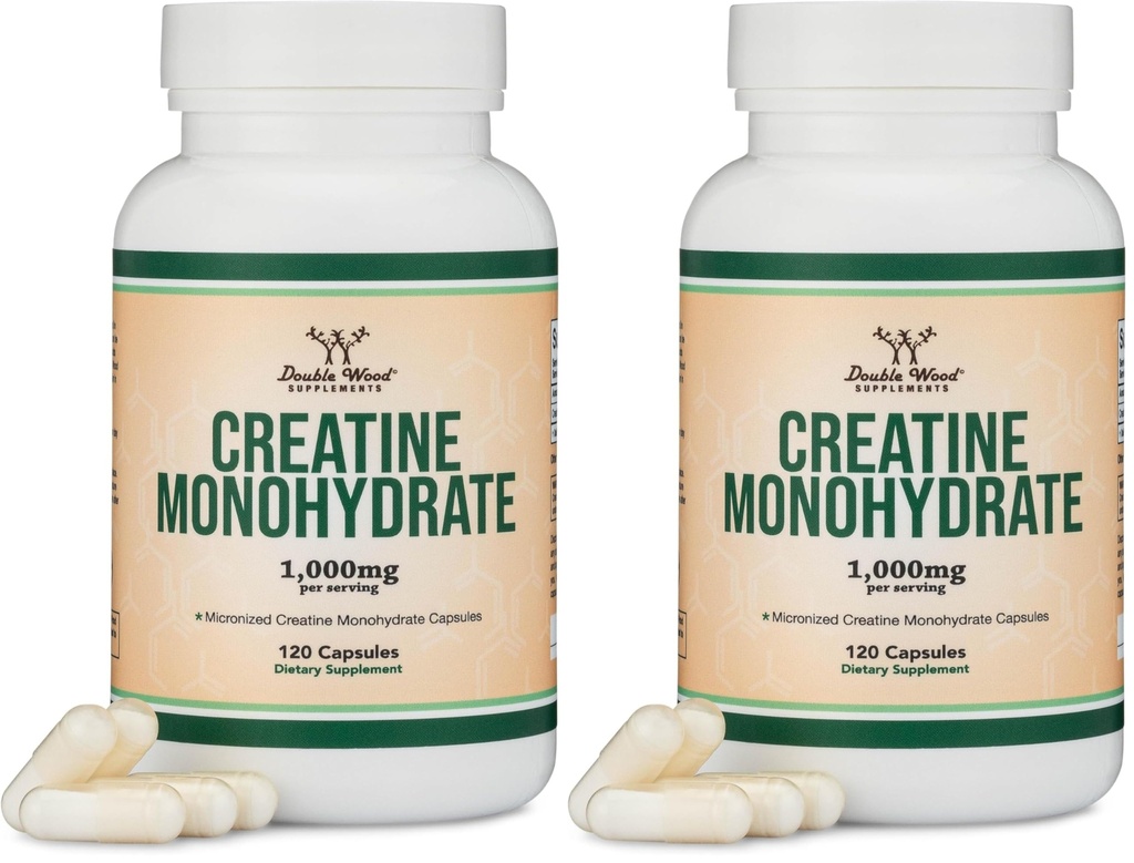 Creatine Monohydrate כמוסות - 1g לכל משרת, 120 הרוזן - No Fillers, טבעוני בטוח, non-GMO, Gluten חינם על ידי Double Wood (Pack של 2)