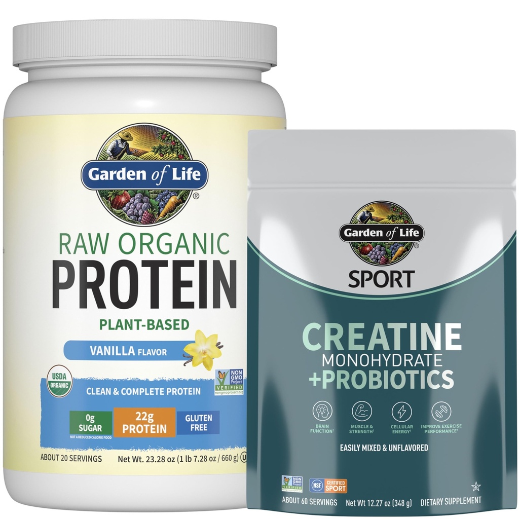 Garden of Life Protein & Creatine Bundle - אבקת חלבון וניל טבעונית 20 משרתים עם BCAAs, Probiotics & Enzymes + Creatine Monohydrate Pre Workout 60 משרתים עבור שריר, כוח וביצועים