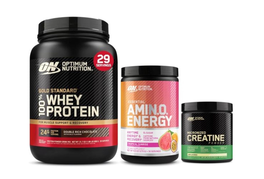 Optimum Nutrition Starter Pack: Micronized Creatine Monohydrate אבקה (60 משרתים), Amino Energy Tropical (30שרתים) ו- Gold Standard 100% שוקולד Whey Double Rich (22 משרתים)