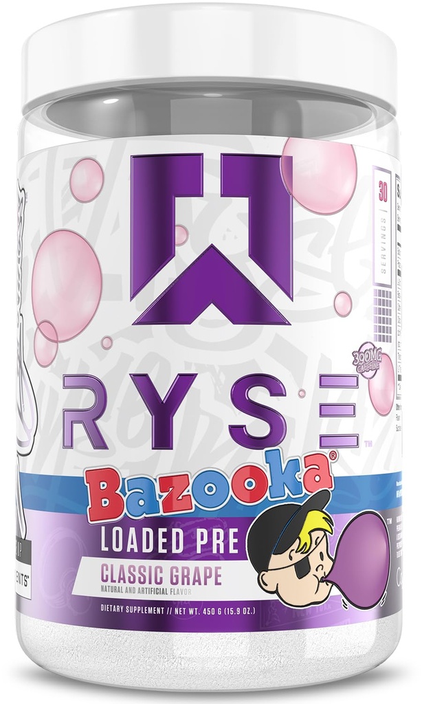 RYSE לטעון אבקת עבודה מוקדמת - Bazooka Grape - Daily Pre-Workout for Men & Women with 390 מ"ג Caffeine, Betaine, and Citrulline for Pump, Focus, and Energy - 30 משרתים