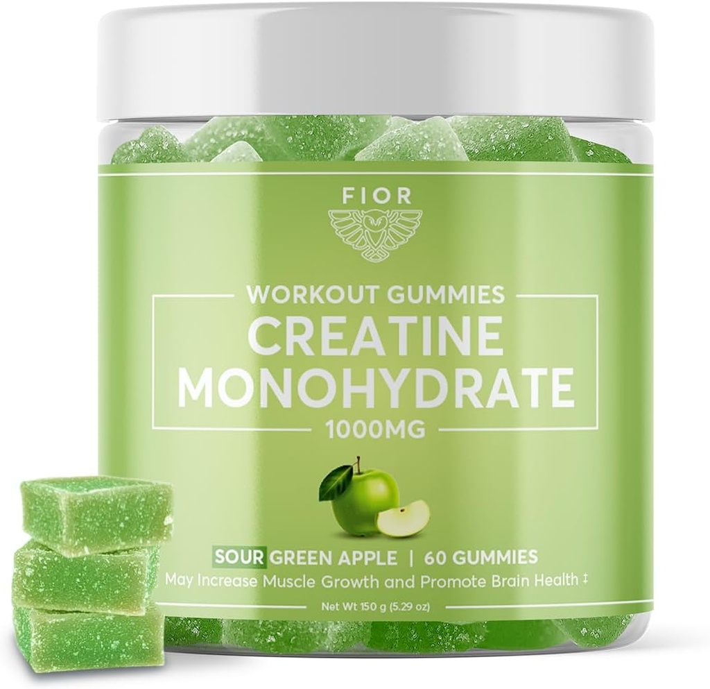 FIOR Creatine Gummy - Best Creatine Monohydrate Chewable, 60 Count, Workout & חלבון תוספת, שיפור קוגניטיבי, Sour Green Apple Flavor, 30 משרתים
