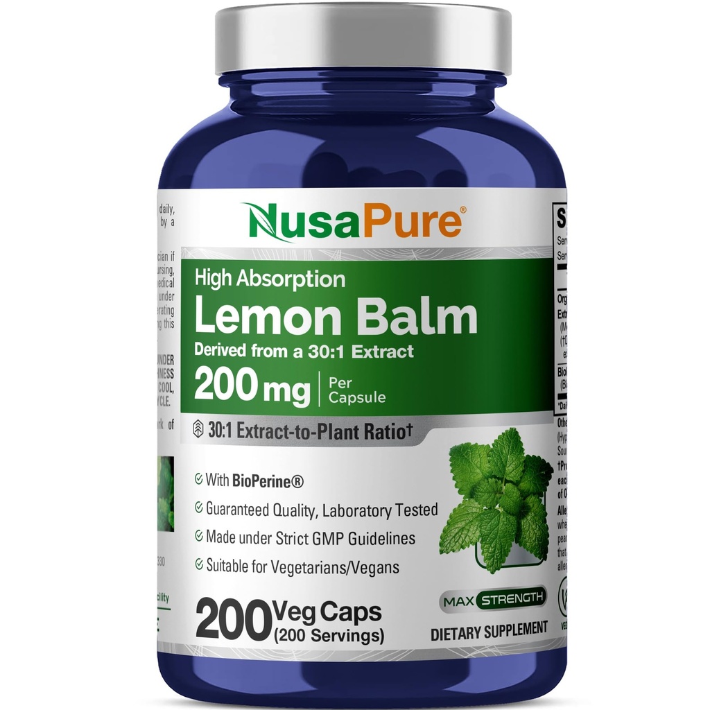 NusaPure Lemon Balm 30:1 לחלץ, 200 מ"ג שווה ערך ל 6000 מ"ג Per Vegan Caps - 200 Count non-GMO, טבעוני Bioperine