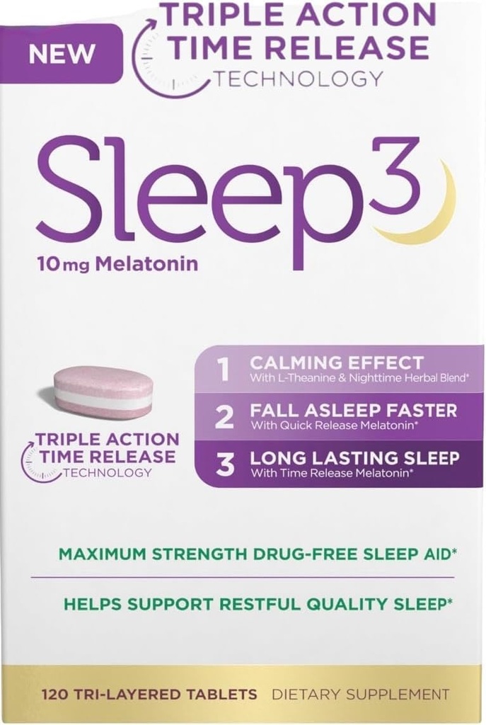 NB Sleep3 Triple Action משחרר את Melatonin Sleep Aid, 10 מ"ג, כוח מקסימלי, תרופות חינם, 120 טבליות Tri-Layered, עם L-theanine