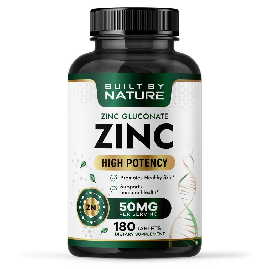 נבנה על ידי הטבע Zinc 50 מ"ג - Zinc Gluconate עבור Highly-Absorbable Immune & Antioxidant תמיכה - מקדם עור, עין ו Immune בריאות - non-GMO, Gluten-Free - 180 טבליות