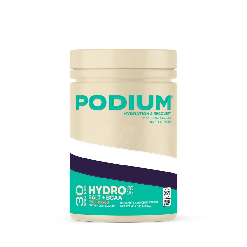 Podium Nutrition, מיידית אבקת BCAA, הידרו ומלח 2025, 30 משרתים, אלקטרוליטים, הידרציה, התאוששות (Peach מנגו)