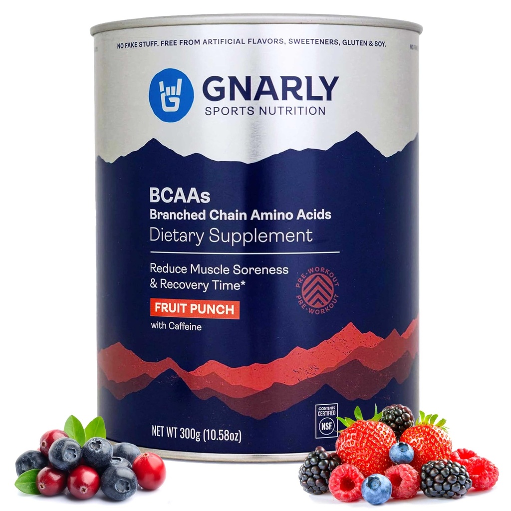 אבקת Gnarly Nutrition BCAA, פירות Punch - Pre-Workout BCAAS Amino Acids - NSF ספורט מוסמך - תוספת תמיכה ושיקום שריר - פירות פונץ עם Caffeine, 10.58 oz