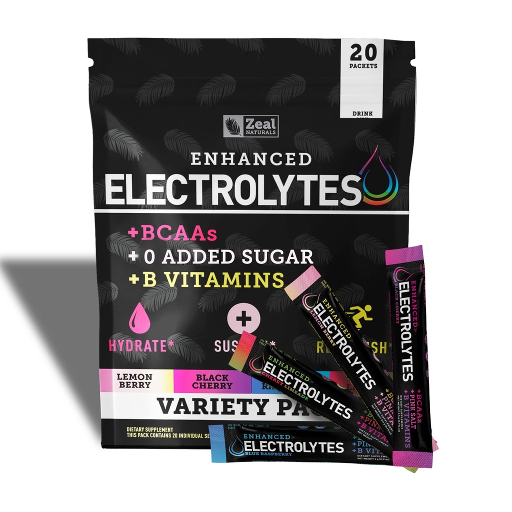 Zeal Naturals Enhanced Electrolyte אבקת Stick Packs (Variety Pack - 20 Packets) סוכר חינם + BCAA B-Vitamins & Pink ההימלאיה מלח - Keto Electrolytes, אבקת הידרה