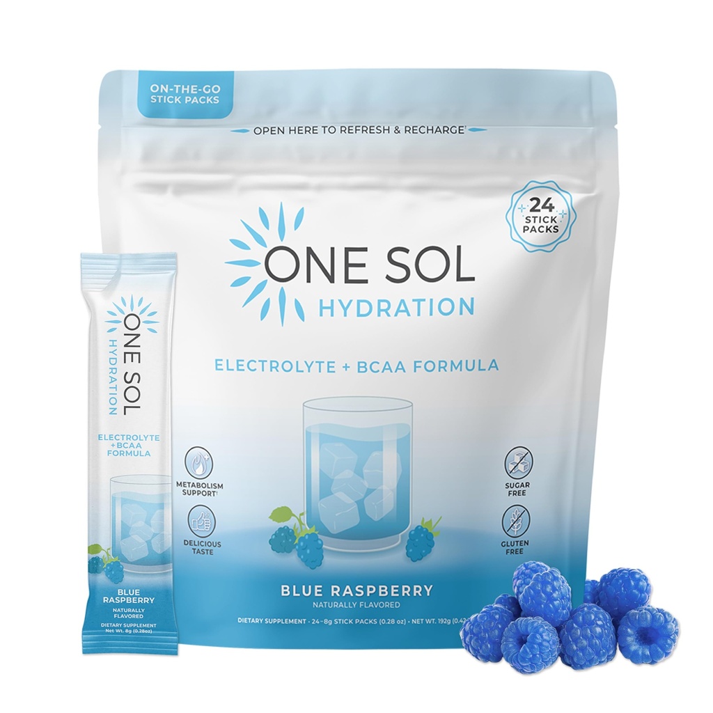 One Sol BCAA & Electrolyte אבקת עבור הידרציה ואנרגיה, All-Natural פורמולה, 100% טבעוני, non-GMO, Gluten Free & Soy-Free, מקדם צמיחה השרירים & Recovery, Natural Blue Raspberry Flavor