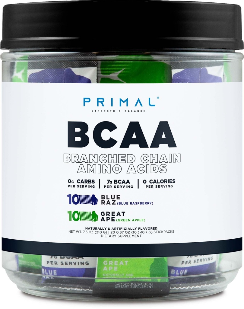 Primal BCAA Variety Pack, Blue Raspberry + גדול Ape ירוק אפל פלבדורed (20 Stickpacks) - 7G BCAA עבור שירות, הזרועות Amino Acids