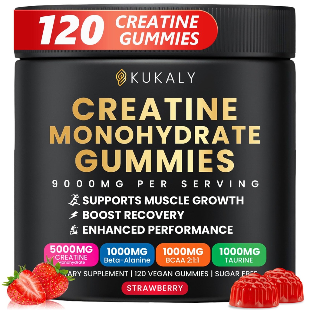 Creatine Monohydrate חניכיים לגברים ונשים, 9000MG Creatinemies Sugar חינם עם L-Taurine, BCAA 2:1, B12 B6 עבור כוח Boost, Focus & Endurance, טבעוני, non-GMO, Strawberry, 120pcs