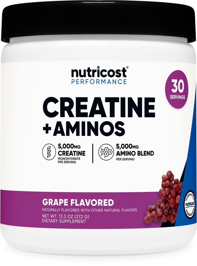 מזונות זולים Creatine + Aminos 30 משרתים (Grape Flavored) - 5,000 מ"ג Creatine Monohydrate + 5000mg Amino BCAA בלנדר Per המשרתת