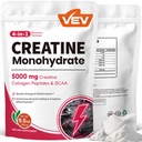 VEV Creatine Monohydrate לנשים אבקת 5000 מ"ג עם Collagen & BCAAs 2:1 - קריטין לנשים, תומך בהגדרה שרירים, התאוששות ואנרגיה - Unflavored, Sugar-Free, 9.5 oz, 30 משרתים