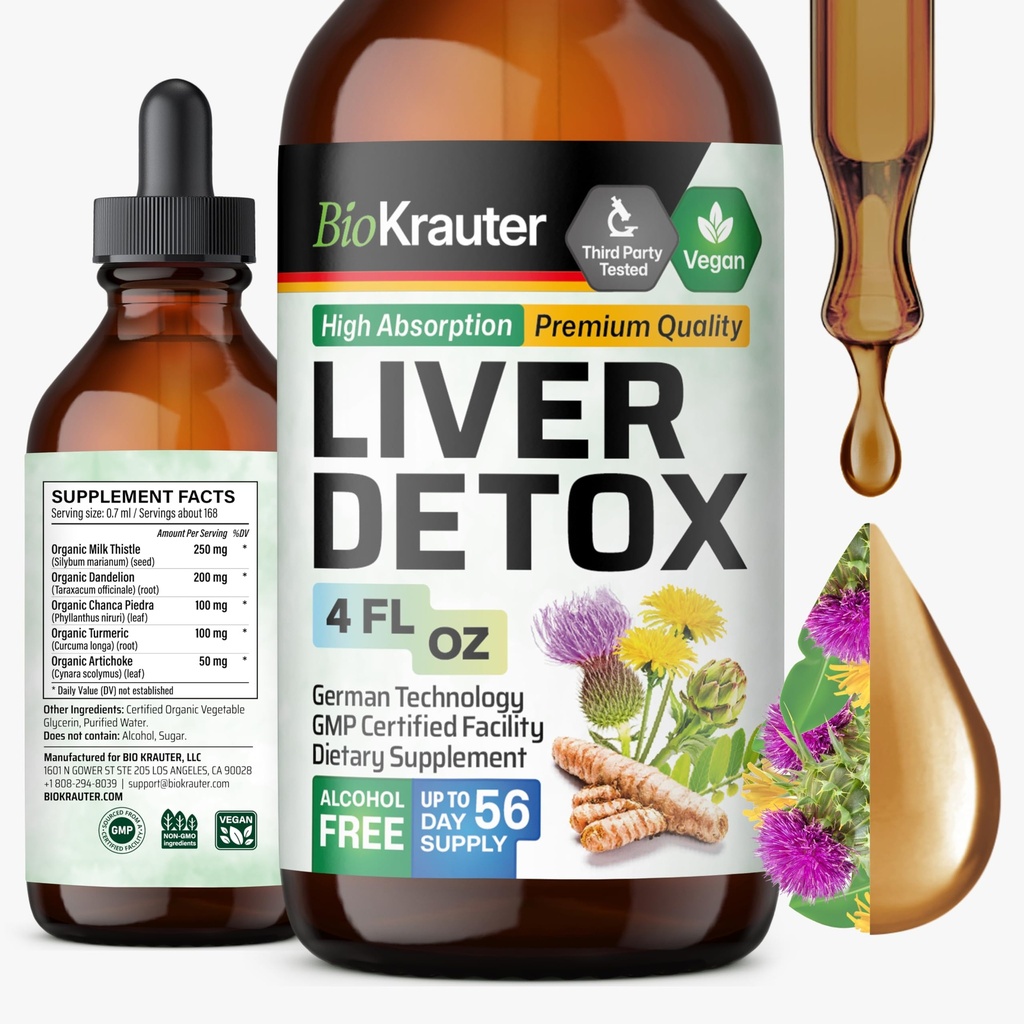 BIO KRAUTER® Liver Cleanse Detox & Fix * - תמיכה אורגנית עם חלב Thistle, צ'נקה Piedra, Turmeric, Dandelion Root & Artichoke 700 מ"ג - 4 Fl.Oz 56-Day of Supply - אלכוהול וסוכר חינם חינם חינם, Turmeric, Dandelion Root & Artichoke 700 מ"ג - 4 Fl.Oz 56-Day of Supply