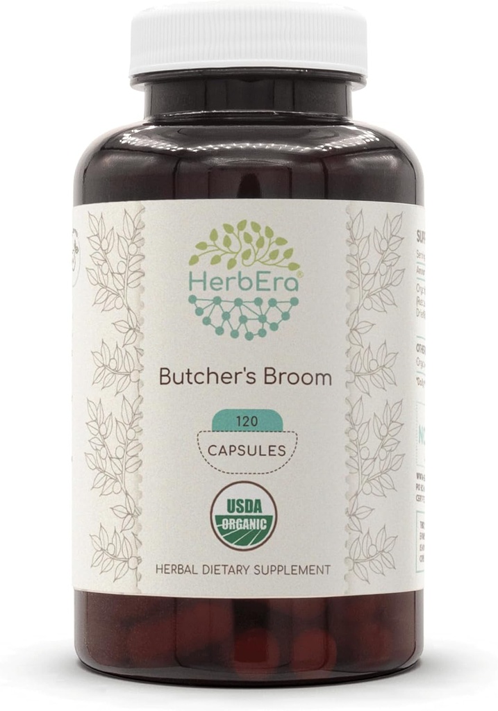 HerbEra Butcher's Broom USDA אורגני 120 קפסולות | תוסף צמחי טבעי | קפסולות צמחוניות אורגניות ו-Broom של Butcher (Ruscus aculeatus) Dried Root (120 קפסולות)