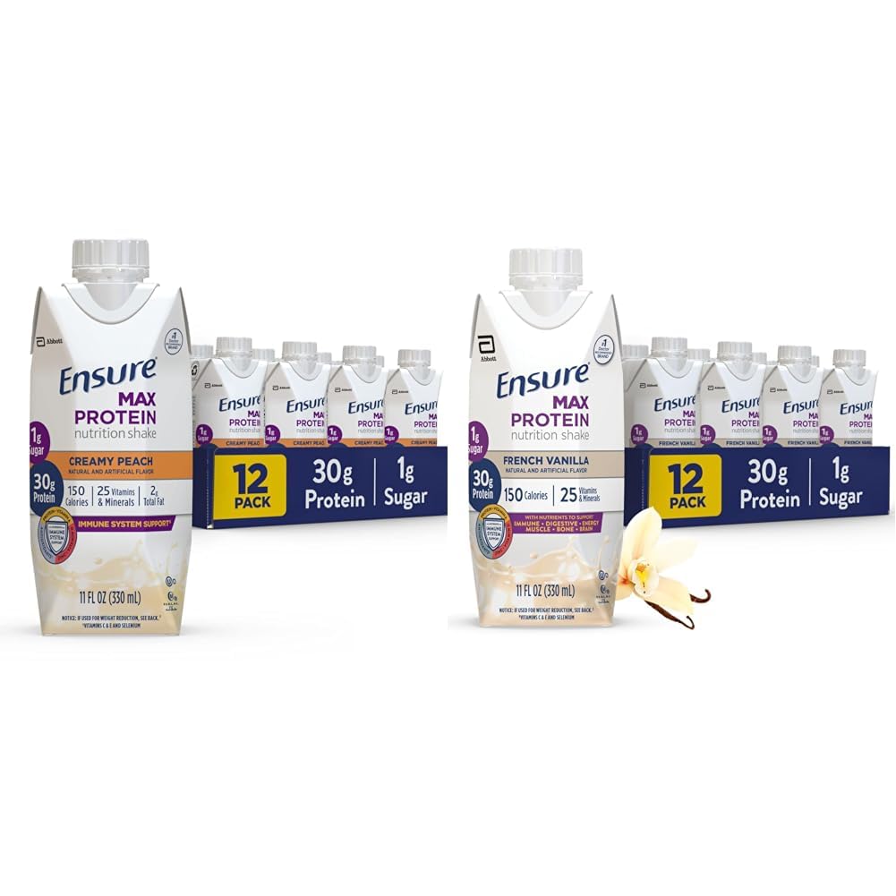 ודא שתזונה של מקס חלבון שקד עם חלבון 30g, 1g Sugar, High Protein Shake, Creamy Peach & French Vanilla, נוזל, 11 oz (Pack של 12)