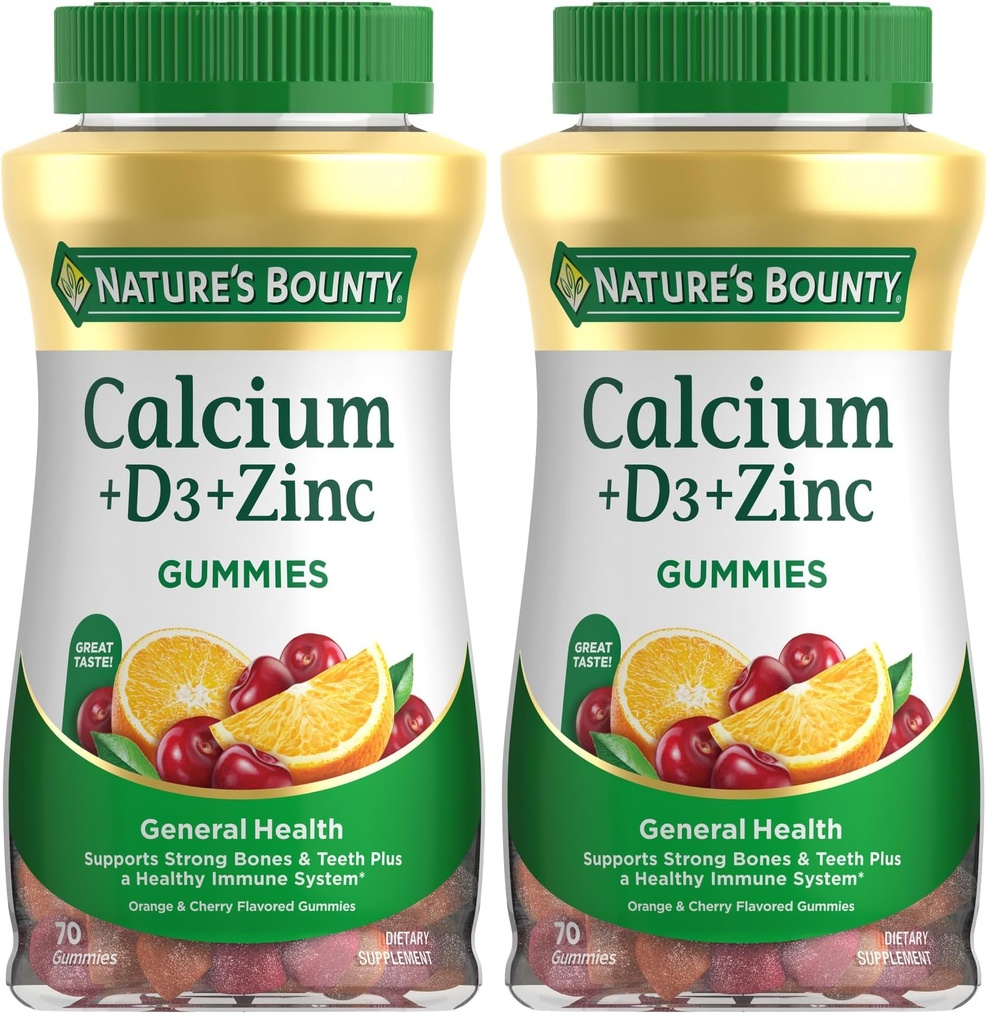 Nature's Bounty Calcium + D3 + Zinc Gummies, תומך עצמות חזקות ושיניים פלוס מערכת חיסונית בריאה, 500 מ"ג, אורנג' וצ'רי פלאמורד, 70 חניכיים (Pack of 2)