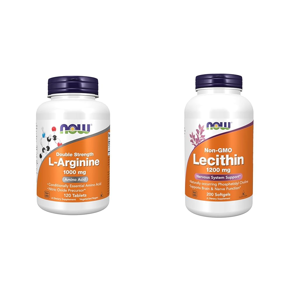 עכשיו תוספים, L-Arginine 1000 מ"ג, Nitric Oxide Precursor*, Amino Acid, 120 טבליות ותוספים, Lecithin 1200 מ"ג עם באופן טבעי Occurring Phosphatidyl Choline, 200 Softgels