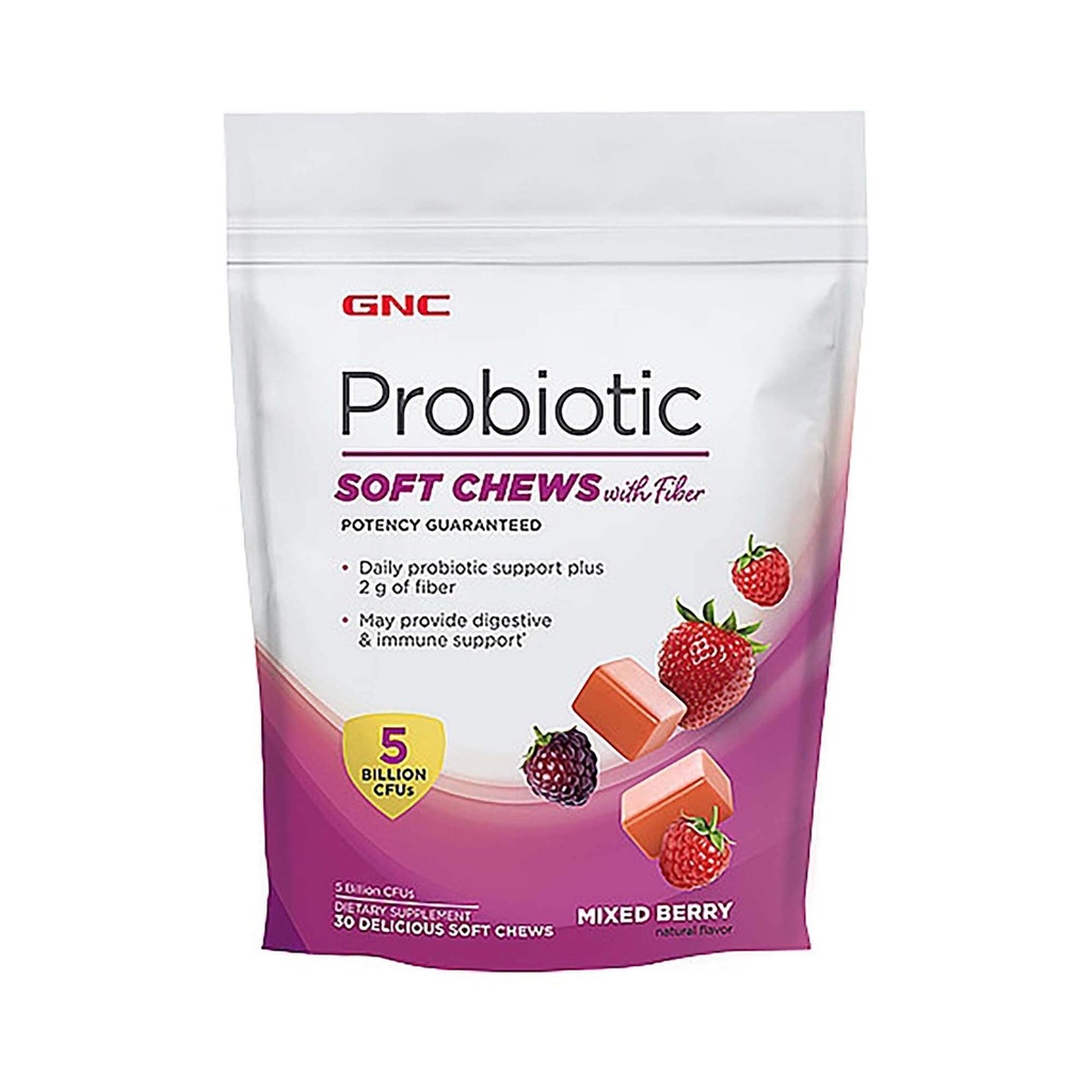 GNC Probiotic Soft Chews עם סיבים - מעורב ברי, 30 צ'אדות, תומך בבריאות העיכול ו Immune
