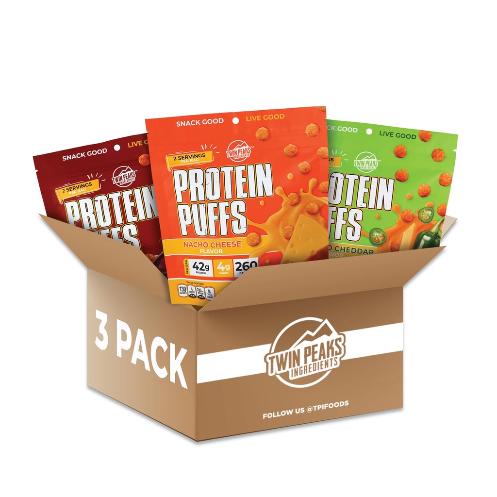 Twin Peaks Ingredients Low Carb, Keto Friendly חלבון Puffs (Variety Pack, 2.1 Ounce), 2 משרתות, 3 Pack (60g, 42g חלבון, 4g Carbs)