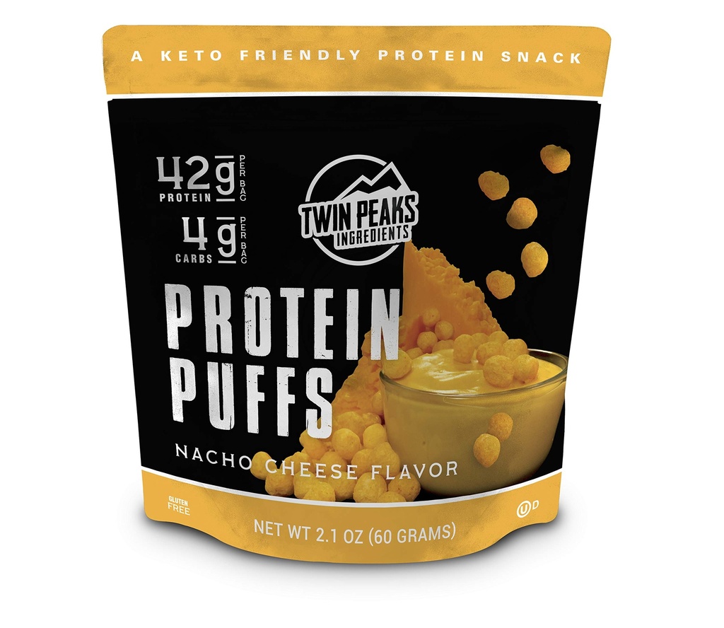 Twin Peaks Low Carb, Keto Friendly חלבונים Puffs, Nacho גבינה 2 לשרת, 3 Pack (60g, 42g חלבון, 4g Carbs)