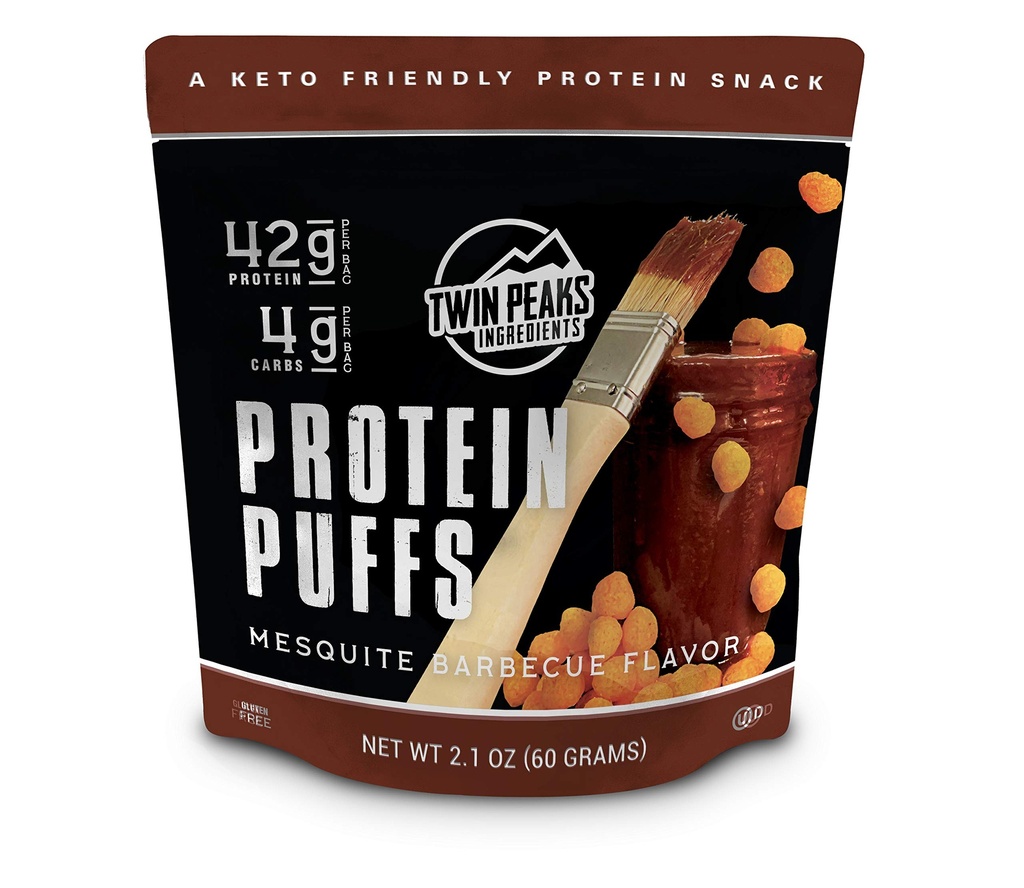 Twin Peaks Low Carb, Keto Friendly חלבונים Puffs, Mesquite Barbecue 2 משרתים, 3 Pack (60g, 42g חלבון, 4g Carbs, 120 Cals)