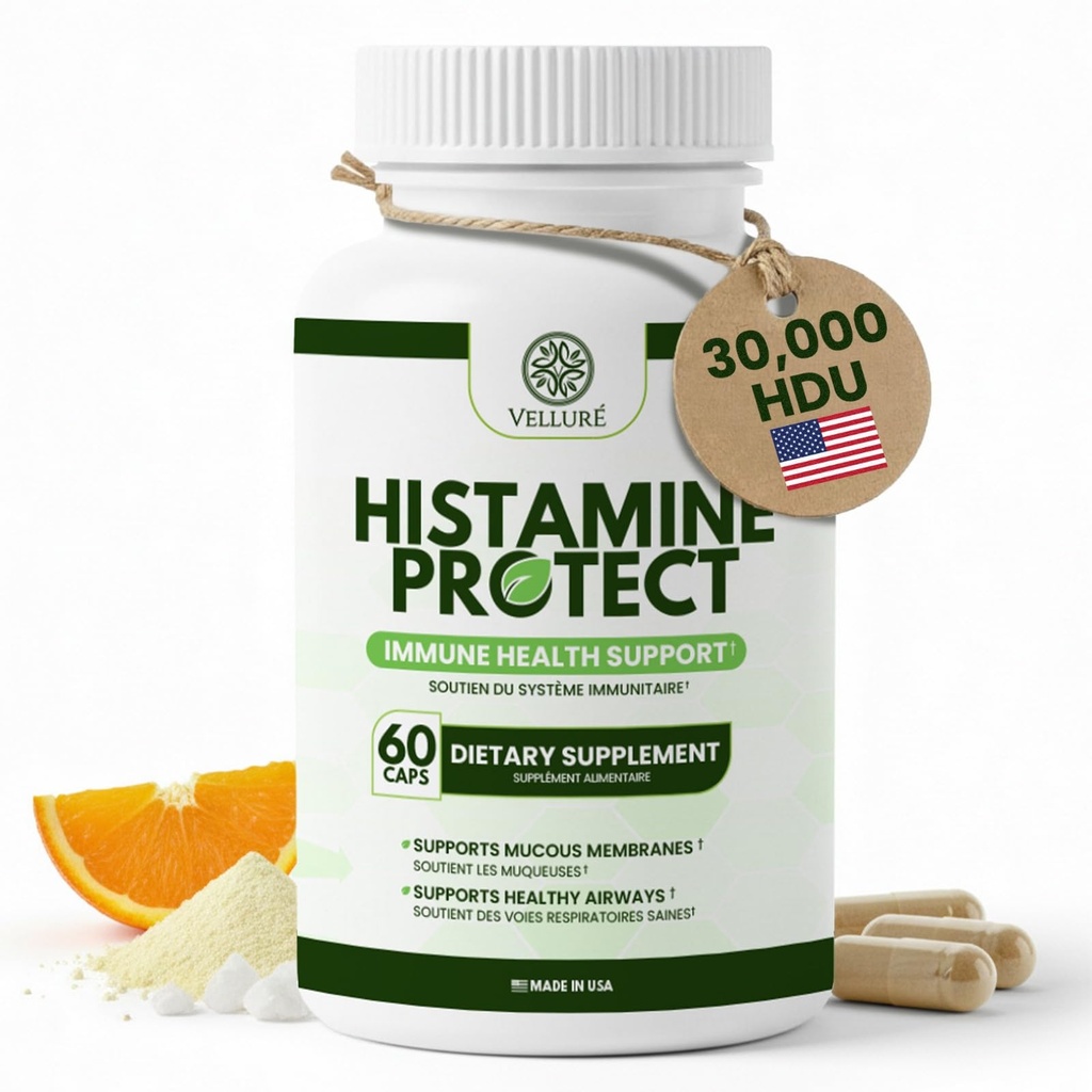 DAO Enzyme תוסף Histamine Blocker, 30,000 HDU Diamine Oxidase עבור Histamine Intolerance & Fermented Foods, Gut & Digest תמיכה עם Quercetin, Magnesium & ויטמין C, 60 קפסולות