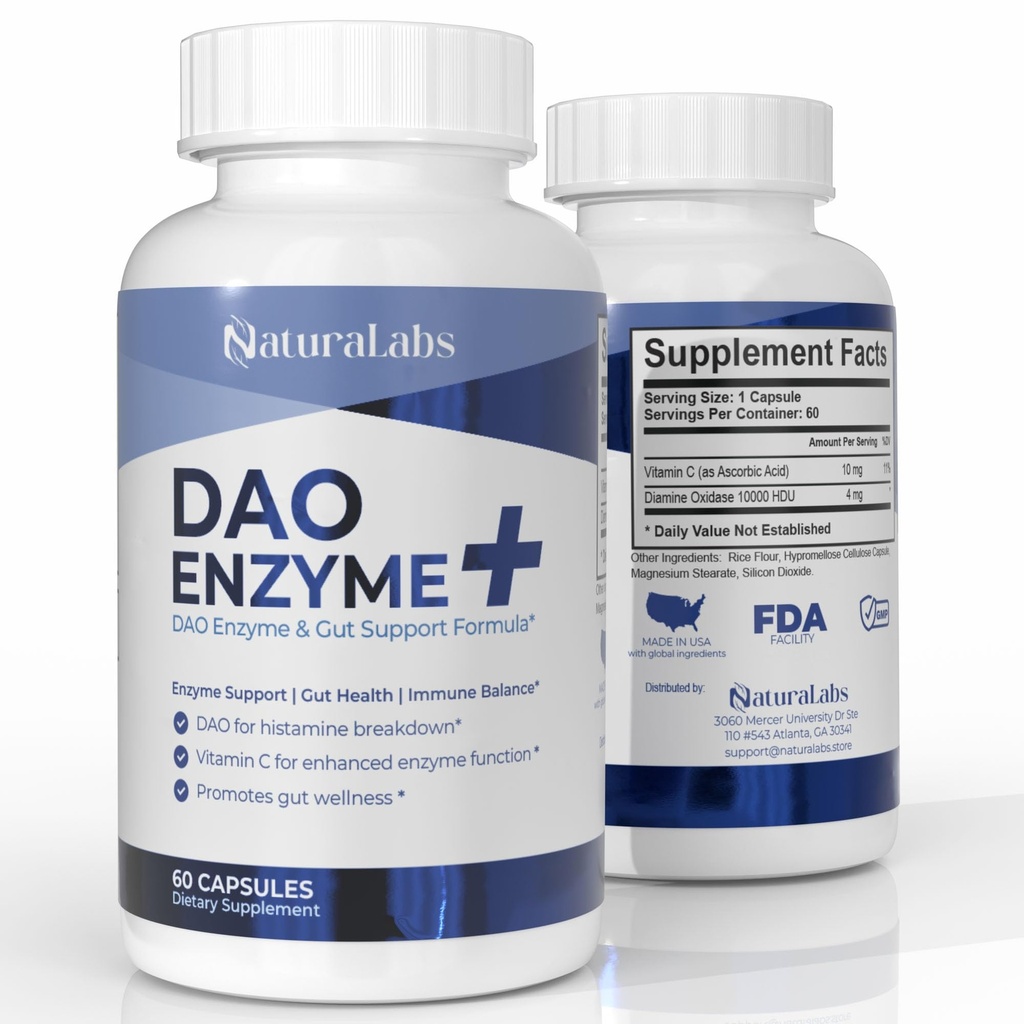 DAO תוסף Histamine Blocker - DAO Enzyme + Diamine Oxidase & ויטמין C עבור Gut Health & מזון תמיכה - 60 משרתות - 1 קפסולה לפני Meals for Histamine intoleranceance
