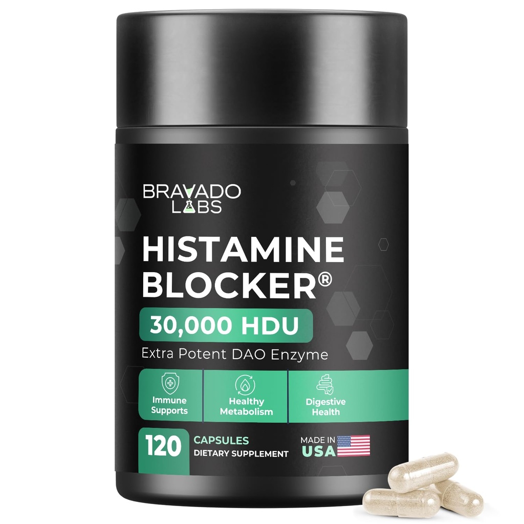 Brado Labs DAO תוסף Histamine Blocker - תוספת כוח 30,000 HDU DAO Enzyme + Diamine Oxidase & ויטמין C עבור Daily Histamine Metabolism & Immune תמיכה - 120ct
