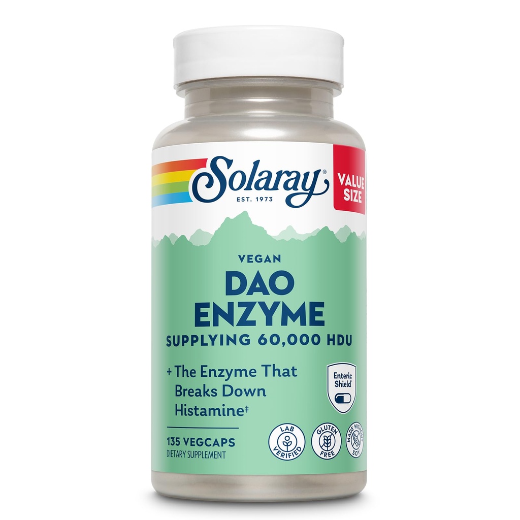 SOLAרי DAO Enzyme - Enzyme Digestive ששבר את היסטמין - 60,000 HDU - Enzymes - טבעוני, Gluten Free, Lab מאומת -135 משרתים, 135 VegCaps