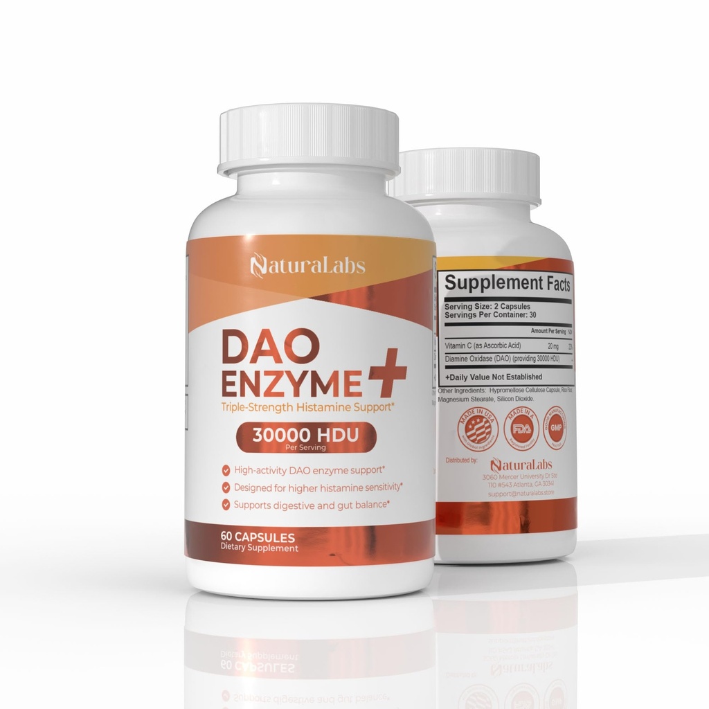 DAO Enzyme + Histamine Blocker - Triple-Strength 30,000 HDU Formula - DAO Enzyme תוספי מזון עם ויטמין C - תמיכה בלתי נסבלת - 60 קפסולות
