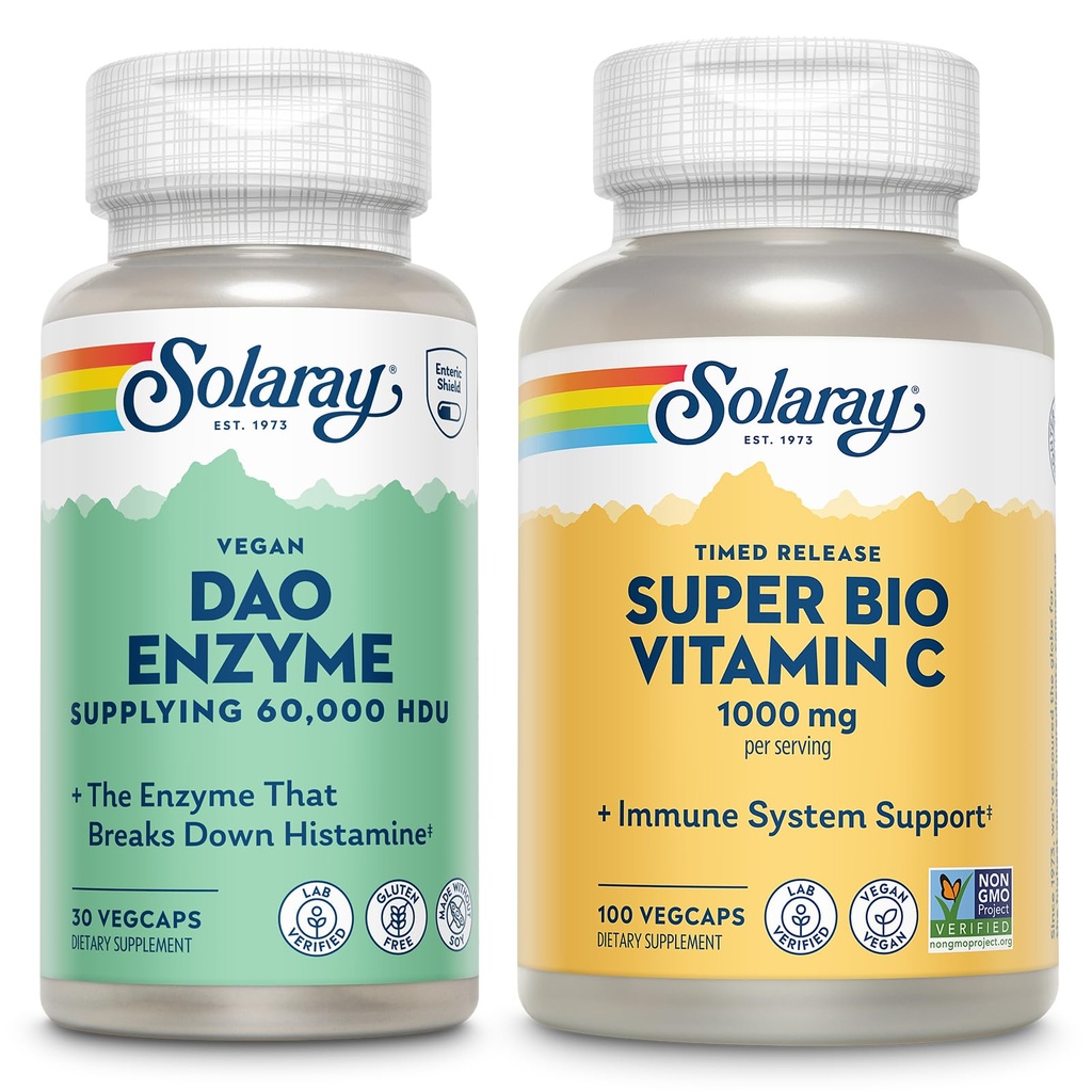 SOLAD DAO Enzyme ו Super Bio ויטמין C 1000 מ"ג - Enzymes Digestive to Break Down Histamine - Timed Release VIT C w/Bioflavonoids Immune Support Supplement, טבעוני, 60 יום ערבות, 30 / 50 משרתים, 30 / 50 משרתים