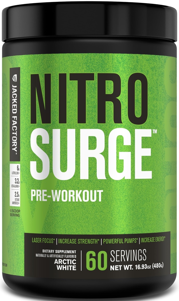 ג'קד מפעל NITROSURGE Pre Workout תוסף - אנרגיה ללא סוף, מקבלי כוח מיידי, Clear Focus, Intense Pumps - NO Booster & Powerful Preworkout אנרגיה - 60 משרתים, הקוטב הלבן