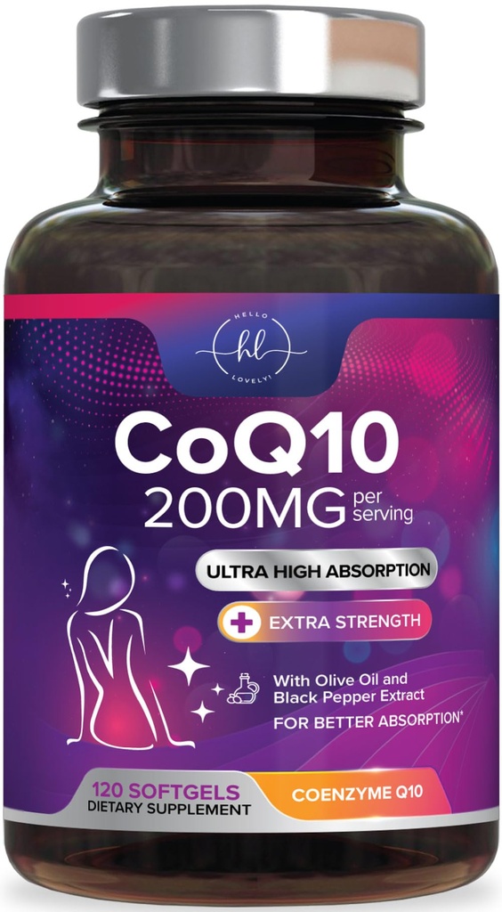 Coenzyme Q10 200mg per Serving Supplement - Ultra High Absorption, Antioxidant for Heart Health & Energy Production Support - CoQ10 (Ubiquinone) Co Q 10 Supplement & Vitamins 100mg Each - 120 Softgels