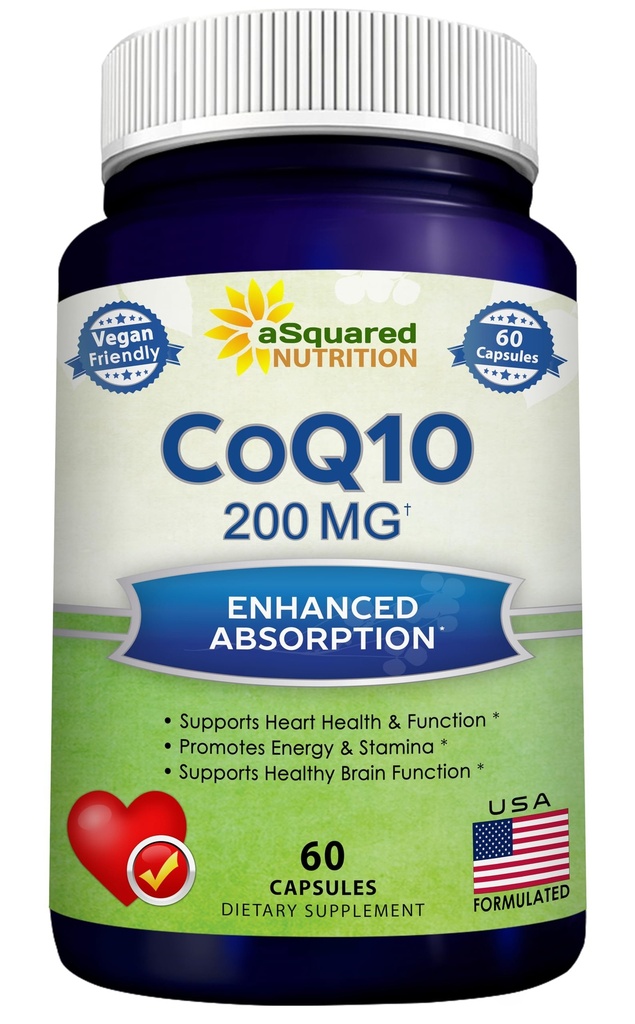 ASquared Nutrition CoQ10 200 מ"ג - 60 קפסולות - CO Q 10 תוסף - Coenzyme Q10 Ubiquinone Pills - טבעוני CoQ-10 נוסף Antioxidant ויטמין - אלטרנטיבה ל Softgels & חניכיים