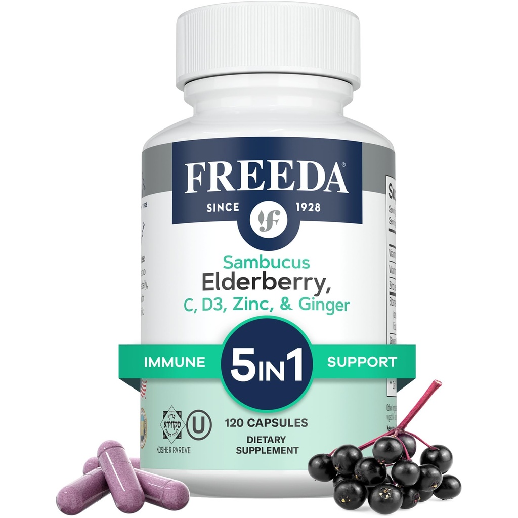 חינםDA Sambucus Elderberry עם ויטמין C, Zinc, ויטמין D3 & ג'ינג'ר - 5 ב 1 Herbal Antioxidant Immidant Immidant תמיכה תוספת עבור נשים וגברים - Gluten Free Adultberry קפסולות, ארה"ב Made (120 Count)