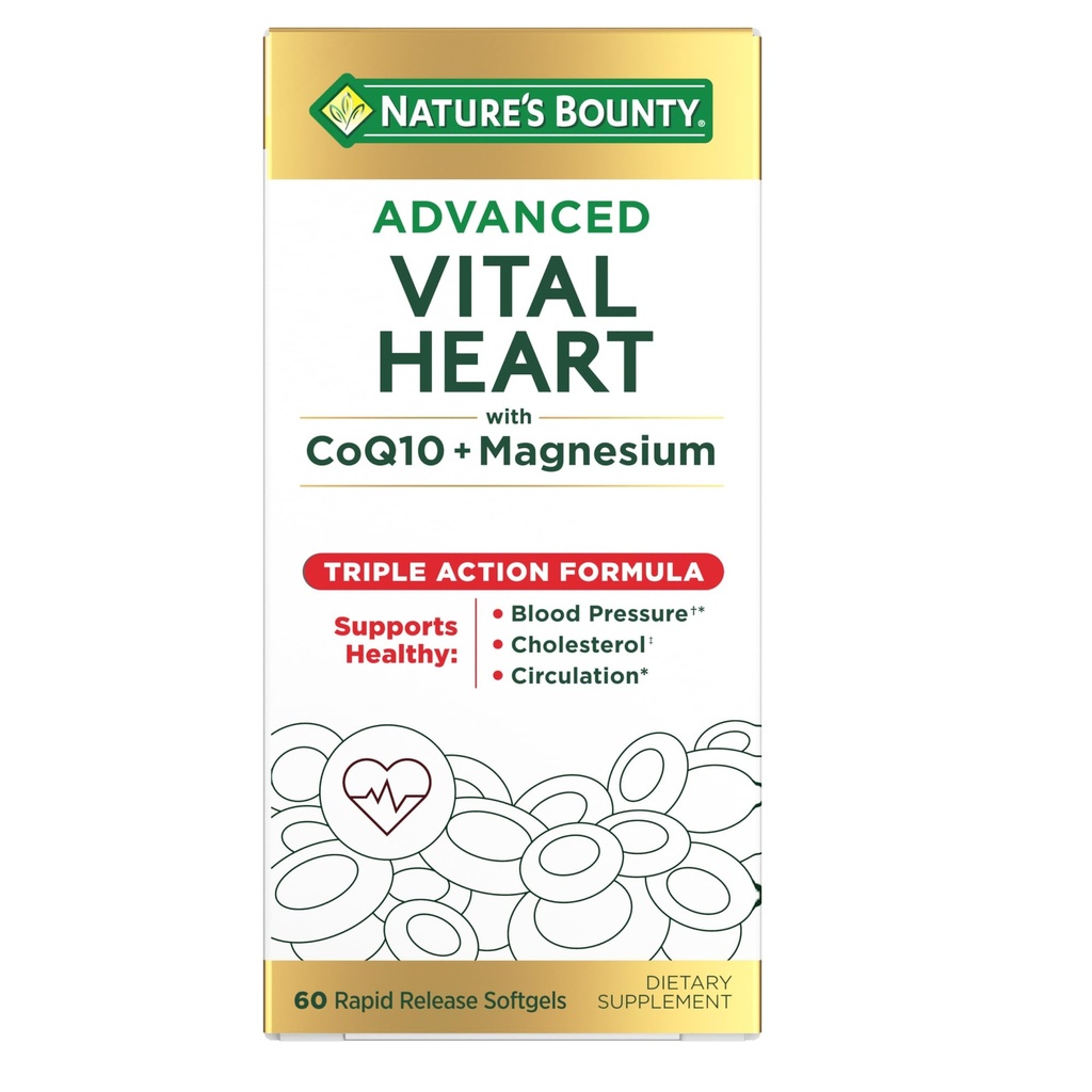 הלב הוויטאלי המתקדם של הטבע עם CoQ10 + Magnesium, Antioxidant, תומך בלחץ דם בריא, Cholesterol, Circulation, Triple Action Formula, CoQ10, Magnesium Supplement, 60 Softgels