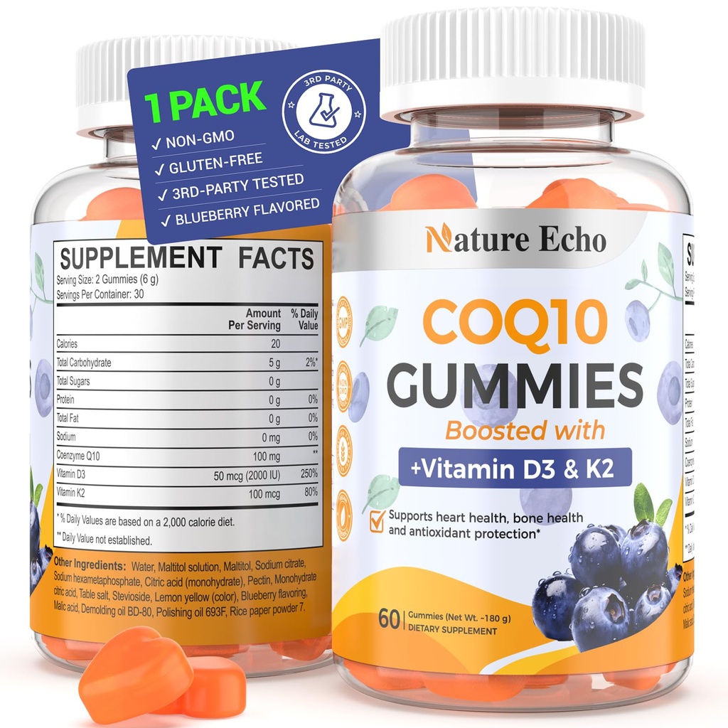 Nature Echo® CoQ10 Gummies 100mg, CoQ10 תוספת עם ויטמין D3 & K2, Coenzyme Q10 תוספת Blueberry Flavor, סוכר חינם, בריאות הלב, תמיכה העצם ואנטיoxidant, טבעוני, non-GMO 60 חניכיים