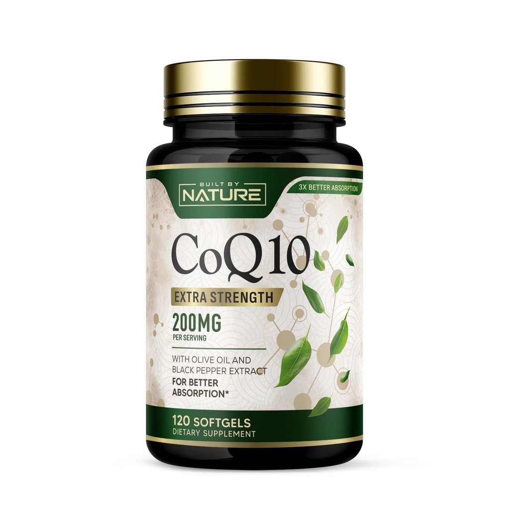 נבנה על ידי Nature CoQ10 200 מ"ג - Coenzyme Q10 עם שמן זית שחור פפר עבור Absorption גבוהה - תמיכה בריאות הלב ואנרגיה - תוספת אנטי-חמצן 2 חודשים אספקה, 120 Softgels