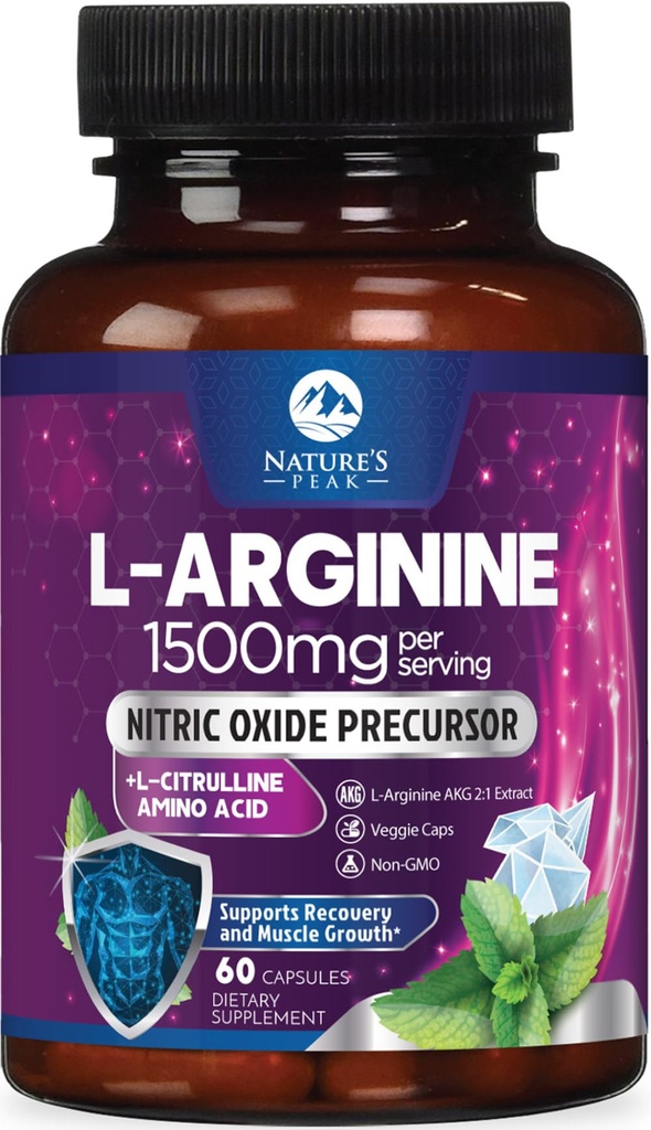 L-Arginine Complex - תוספת כוח Nitric Oxide Booster תוסף - Premium Energy Pool for Natural Heart Health & שריר תמיכה - Non-GMO, Made for Men & Women, Bottled USA - 60 קפסולות