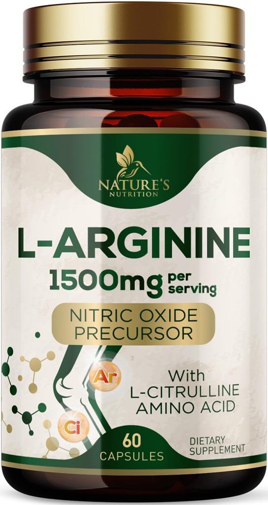 L-Arginine Extra Strength Supplement with L-Citrulline - Muscle Supporting Natural Nitric Oxide Precursor Booster - Heart Health Support - Amino Acid Energy Blend for Men, USA Bottled - 60 Capsules