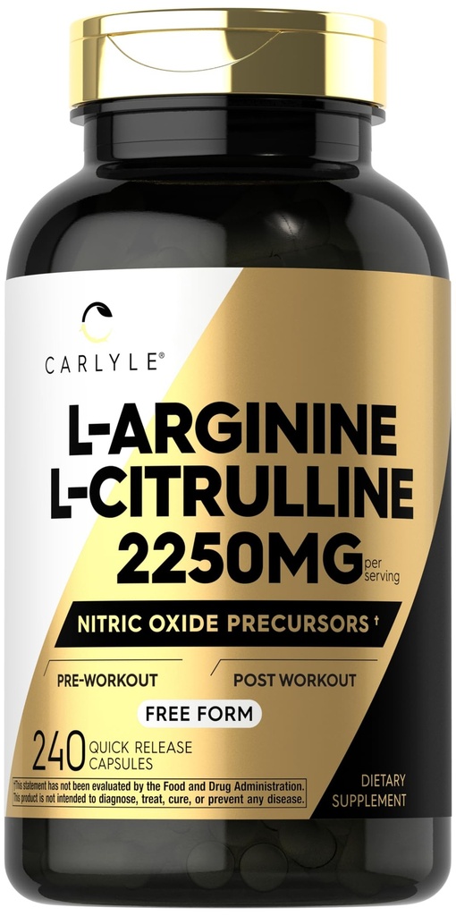 קרליל L-Arginine L-Citrulline תוסף | 2250 מ"ג | 240 קפסולות אבקה | Nitric Oxide Precursors | Free Form | Non-GMO & Gluten Free